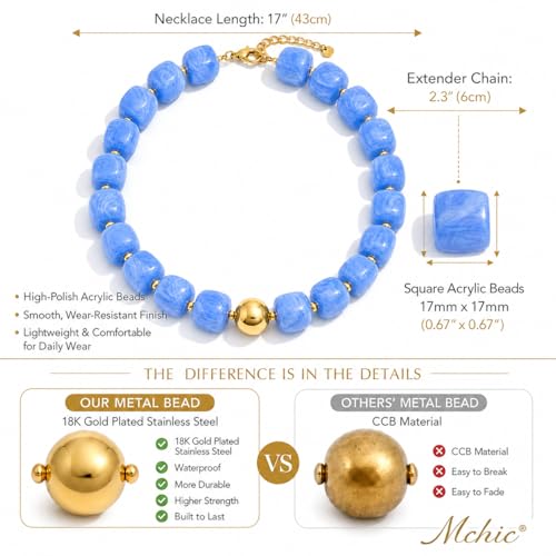 Mchic Colorful Beaded Choker Necklace for Women: Boho Large Square Acrylic Beaded Necklace Stainless Steel Adjustable Surfer Beach Strand Necklaces Summer Handmade Jewelry Gift for Women - color: Blue