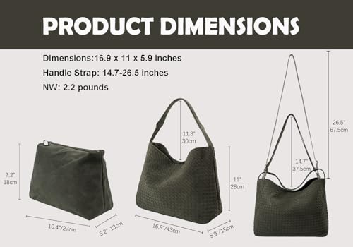 Leather Woven Tote Bag for Women, Vintage Suede Woven Hobo Bag, Large Crossbody Shoulder Slouchy Handbag - color: Green