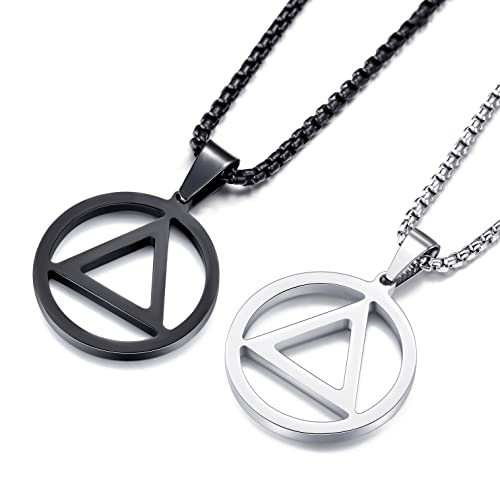 Sobriety Necklace for Men Stainless Steel AA Recovery Triangle Necklace Sobriety Gifts for Men - color: Black-Silver Couple Set
