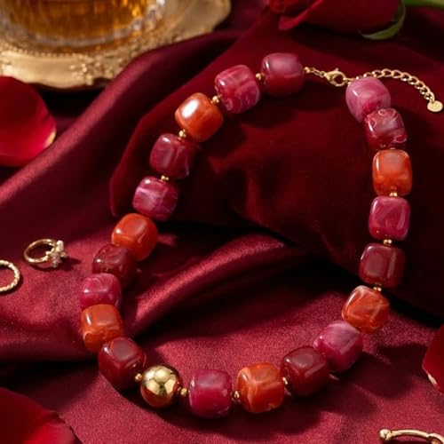 Mchic Colorful Beaded Choker Necklace for Women: Boho Large Square Acrylic Beaded Necklace Stainless Steel Adjustable Surfer Beach Strand Necklaces Summer Handmade Jewelry Gift for Women - color: Mix Red