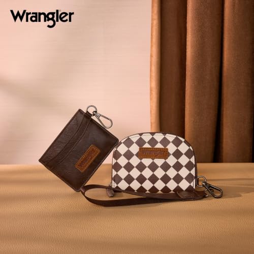 Wrangler KeyChain Wallet Checkered Wristlet Wallets for Women Western Dual Pouch Wristlet Credit Card Holder Wallet - color: Checkered Coffee