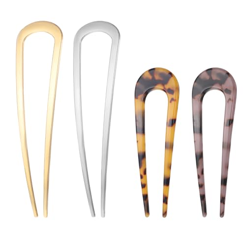 4Pcs French Hair Pins, French Twist Hair Pin, U Shaped Frenchs Hairs Pins, Metal Hairing Pin for Women Tortoise Shell Fork Sticks for Women Girls Hairstyle Accessories