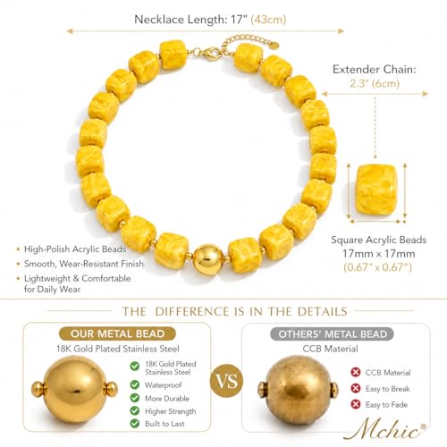 Mchic Colorful Beaded Choker Necklace for Women: Boho Large Square Acrylic Beaded Necklace Stainless Steel Adjustable Surfer Beach Strand Necklaces Summer Handmade Jewelry Gift for Women - color: Yellow1