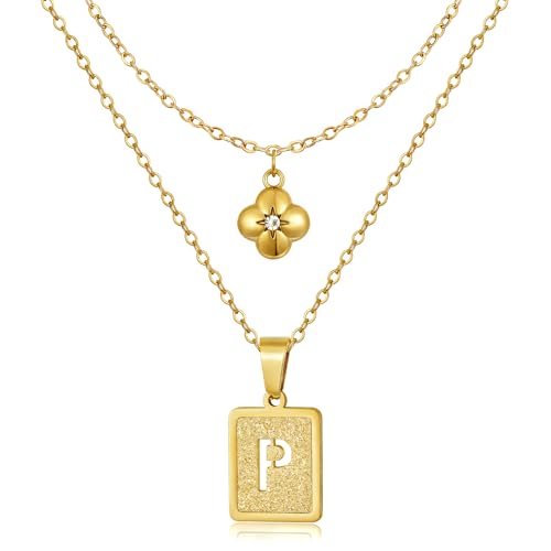 KELORIS PATH Layered Initial Necklaces for Women, 18K Gold Plated Stainless Steel Necklaces Set with Dainty Four Leaf Clover Square Cutout Letter Pendant, Fashion Jewelry for Gifts - style: P Letter