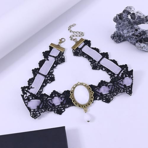 Gothic Vampire Choker Necklace for Women Adjustable Vintage Victorian Mystery Pirate Witchy Jewelry Emo Punk Black Lace Choker Costume - color: white
