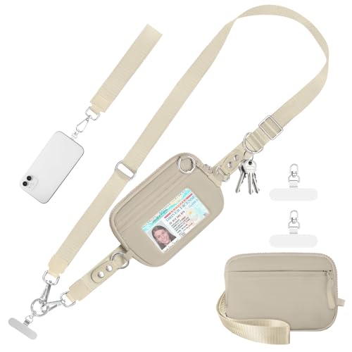 Tiostep Clip and Go Strap for Phone with Wallet Crossbody Phone Lanyard Adjustable and Detachable RFID Wristlet Wallet with ID Window and Zipper, Khaki - color: Khaki, size: Medium