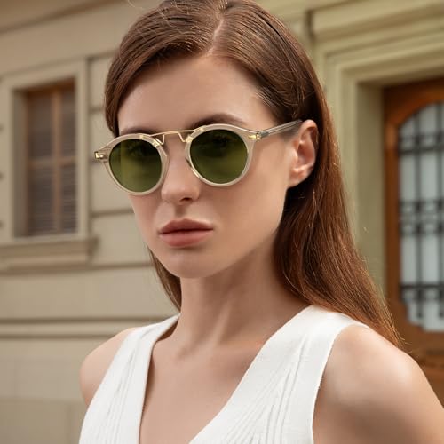CARFIA Double Bridge Small Acetate Sunglasses for Women Polarized, Retro Metal Brow Ladies Sunnies Fashion Round Eyewears - color: 1. Clear Yellow Frame Green Lens