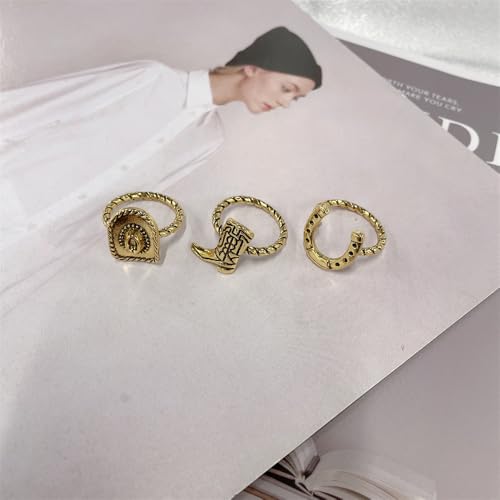 NewZenro 3PCS Western Cowboy Stacking Rings Set for Women Men Vintage Boho Cowgirl Hat Boot Horseshoe Stackable Statement Finger Band Rings Comfort Fit Country Concert Party Holiday Jewelry Size 7 - color: Gold