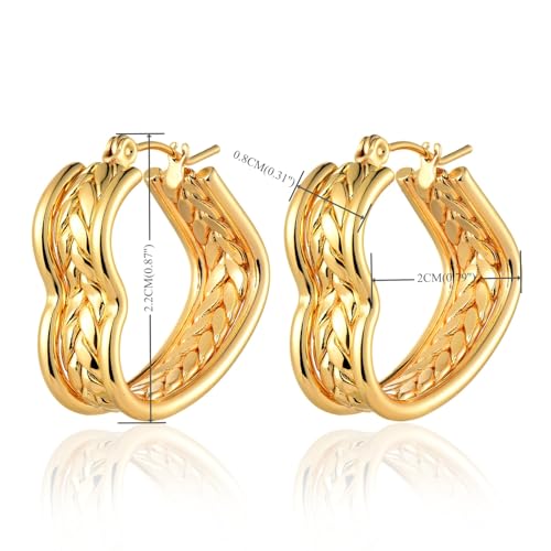 Gold Color Hoop Earrings for Women, Stainless Steel Wide Band Hoop Earrings with Twisted Rope Design, Womens Fashion Statement Dangle Earrings with Engraved Wheat Pattern - style: Heart