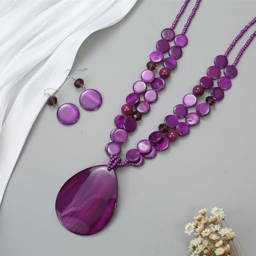 Big Teardrop Pendant Necklaces for Women Colorful Beaded Necklaces Statement Set for Holiday. - color: Purple