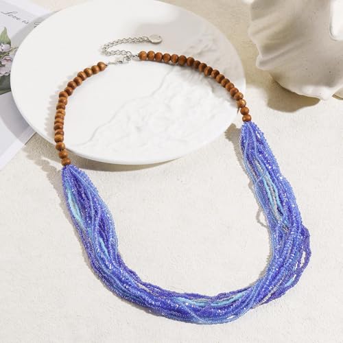 Coiris Chunky Statement Necklaces for Women Boho Multi Long Layered Strand Beaded Necklace for Women Handmade Crystal Beach Jewelry Gift - color: Royal Blue