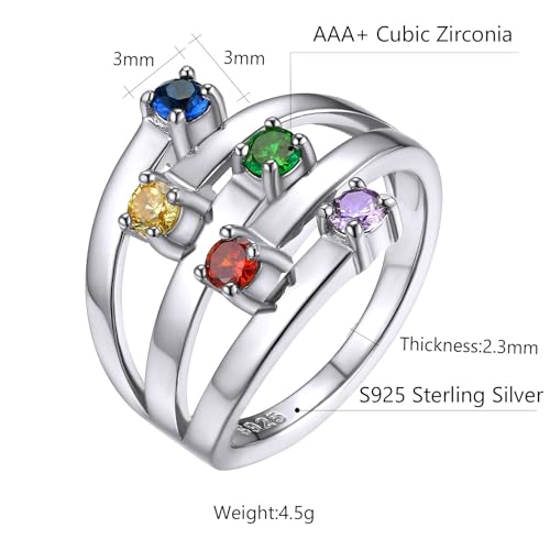 Custom4U Personalized 1-4 Birthstone Rings for Women Promise Rings for Her Sterling Silver Mothers Ring Customized Cubic Zirconia Stones Wedding/Valentine's Day/Mother's Day Jewelry Gift for Mom Wife - color: B-5 Names-Silver