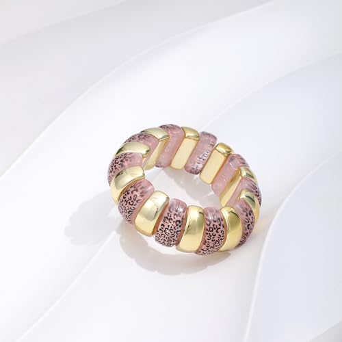 GOOJIDS Simple Beaded Gold Plated Bangles Bracelet Chunky Bamboo Tube Curved Stacking Clear Acrylic Colorful Beads Stretchable Gold Plated Bracelets Set For Women - color: B-Gold&Pink Leopard