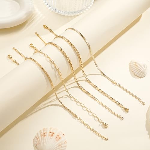 Ritach Ankle Bracelets for Women - Silver/Gold Plated Stainless Steel Anklets for Women Waterproof Layered Cuban Link Figaro Chain Heart Anklets Set Summer Beach Jewelry Gifts - color: Gold-Snake & Paperclip & Figaro & Twist & Cuban Chain
