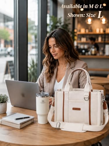 FIORETTO Women’s Canvas Tote Bag Purse with Zipper, Multi Compartment & Reinforced Bottom, Ideal for Work, Bible, Travel - color: Beige, size: Large, style: Built-in Organizer