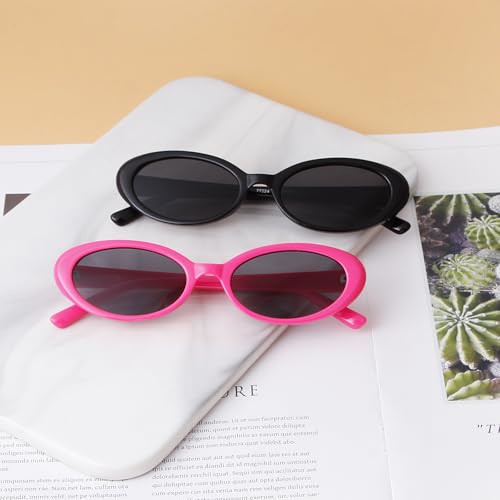 90s Sunglasses for Women Men Retro Small Oval Sunglasses - color: Black/Grey+hot Pink/Grey