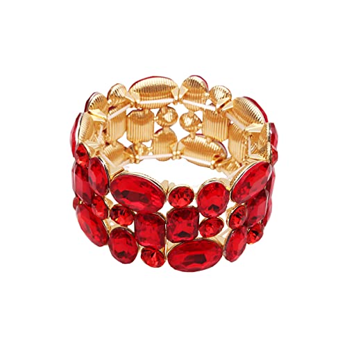 Women’s Wedding Bridal Crystal Leaf Flower Stretch Bangle Elastic Wide Bracelet Jewelry for Brides Bridesmaid - color: Red-Gold Plated