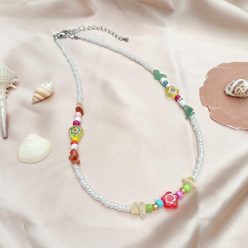 Beaded Necklaces for Women Summer Beach Beaded Necklace Bead Choker Boho Necklaces for Women Handmade Summer Jewelry Stainless Steel 18K Gold Plated - color: Multi