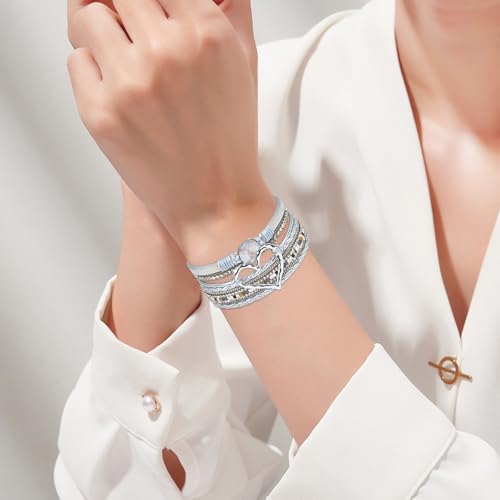 Leather Wrap Bracelet for Women, Boho Cuff Bracelet with Strong Clasp, Multi-Layer Crystal Leather Bracelet for Valentine Mother's Day - color: 01-Heart-Silver