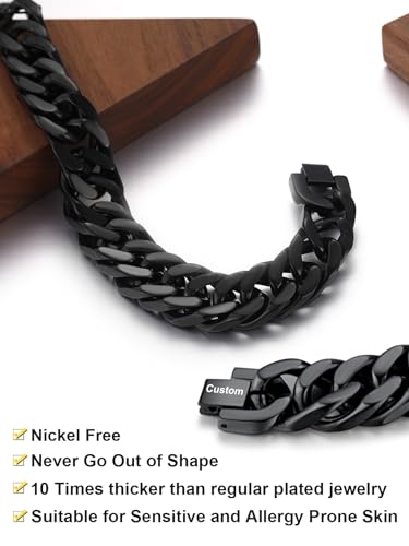 ChainsHouse Stainless Steel Cuban Link Bracelet, 8mm/12mm/17mm Width, 7.5"/8.3"/9", 18K Gold Plated Chain Wrist Bracelets for Men Women, Send Gift Box - color: U: Black-17mm width-custom