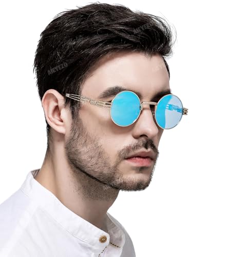 AIEYEZO Round Steampunk Sunglasses for Men Women Retro Circle Hippie Glasses Metal Frame 100% UV Blocking Lens - color: Gold/Ice Blue Mirror