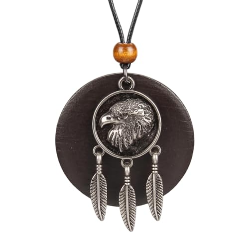 PU Leather Necklace Vintage Boho Style Multilayer Pendant Long Sweater Necklace Jewelry for Women Men with Adjustable Leather Cord - color: Round Eagle Head Feather Wood Necklace