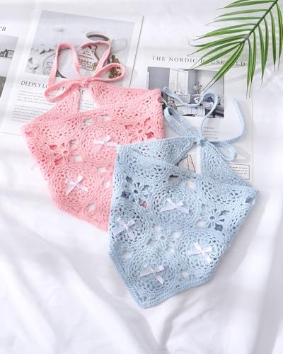 AWAYTR Crochet Head Scarf Hair Bandanas Women Knit Bandana Headband Scarf Tie-Back Head Coverings Floral Headscarf - color: Solid Color - Pink + Blue