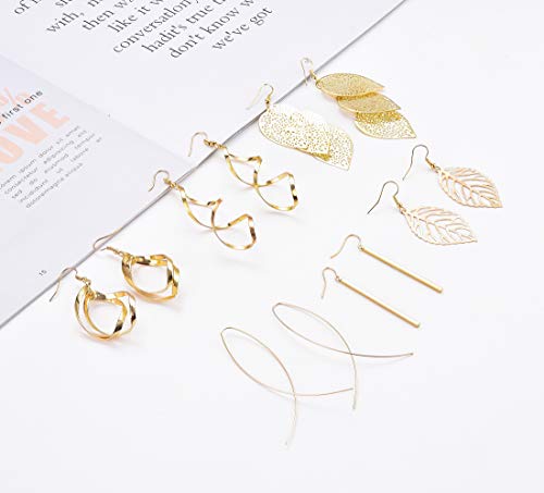 FUNEIA 6 Pairs Drop Dangle Earrings for Women Long Bar Double Twist Wave Curved Threader Cut Out Leaf Lightweight Earrings Set - color: B:Gold