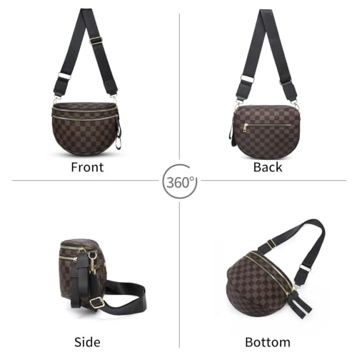 Checkered Crossbody Bag for Women Bum Bag Spacious Nylon Fanny Packs Cross Body Shoulder Purses Bag Handbags - color: Mocha Checkered