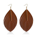 Minimalist Handmade Lightweight Large Soft Faux Leather Fringe Feather Dangle Drop Earrings Bohemian Huge Leaf Hook Earrings with Bar for Women - color: Brown