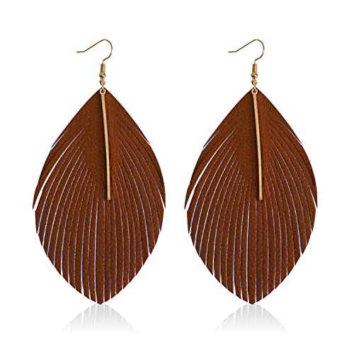 Minimalist Handmade Lightweight Large Soft Faux Leather Fringe Feather Dangle Drop Earrings Bohemian Huge Leaf Hook Earrings with Bar for Women - color: Brown