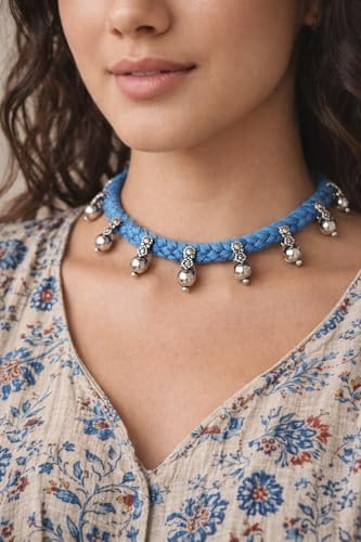athizay Boho Charm Thread Choker Necklace – Braided Bohemian Choker with Oxidized Silver Dangle Charms | Handmade Boho Jewelry for Women - color: Sky blue, Silver