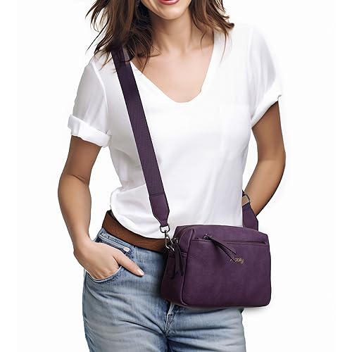 Alldaily Small Triple Zip Crossbody Purse for Women, Vegan Leather Phone Bag with Wide Shoulder Strap - color: Purple