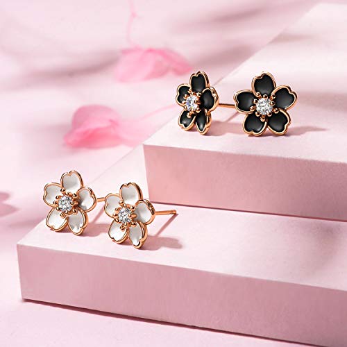 Pink Flower Earrings for Women, 925 Sterling Silver Stud Earrings, Cute Plumeria Earrings For Women, Cherry Blossom Hypoallergenic Stud - color: *Black