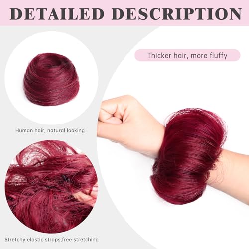 Messy Bun Hair Piece 100% Human Hair Chignons Scrunchies Elastic Rubber Band Hair Buns Scrunchie Donut Updo Real Hair Fake Messy Bun Extensions Wigs Buns Hairpieces for Women Burgundy - color: BUG