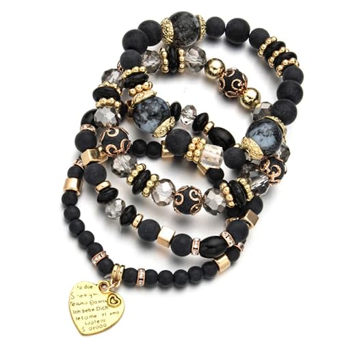 Women Beaded Bracelet Set | Colorful Boho Stackable Trendy Design with Crystal Accents Multilayer Bangle Bracelet | Fashion Stretch Braclets Jewelry for Women - color: Black