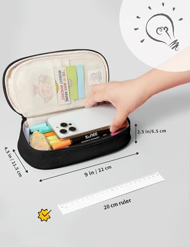 SUNEE Cute Pencil Case, Large Pencil Pouch, Soft Corduroy Aesthetic Big Pencil Bag with Zipper, Kawaii Stationery Storage and Organizer, School Supplies for Teen and Adult, Boys&Girls, Coal Black - color: Coal Black