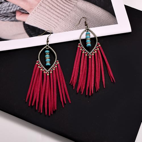 Long Bohemian Fringe Leather Earrrings Handmade Tassel Earrings with Turquoise Christmas Long Dangle Earrings for Women rodeo jewelry - color: 10