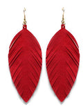 Large Genuine Soft Leather Handmade Fringe Feather Lightweight Tear Drop Dangle Color Earrings for Women Girls Fashion - color: Red