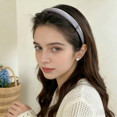 Satin Padded Headbands for Women, Thick Handmade Hair Bands with Rhinestone Embellishment, Elegant Non-Slip Fashion Hair Accessories for Girls, 4 Colors - color: SatinPadded