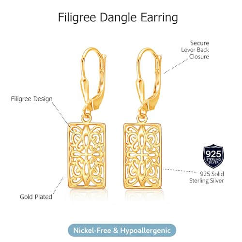 LeCalla 925 Sterling Silver Filigree Dangle Earrings for Women | Gold, Rose Gold & Rhodium Plated Diamond-Cut Filigree Drop Earrings | Lightweight Earrings Jewelry Gift - color: Yellow-Gold Rectangle Filigree