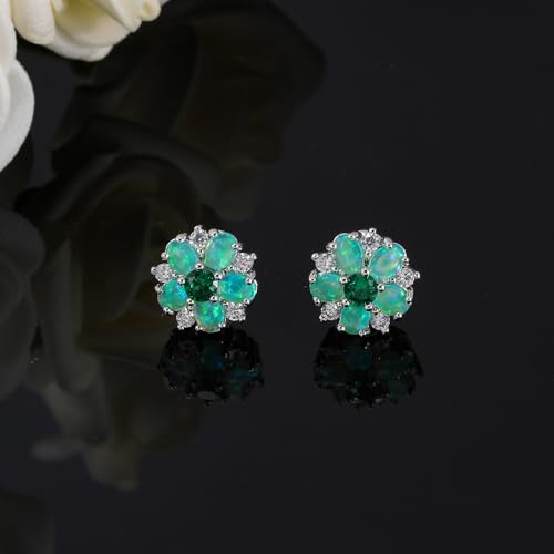 CiNily Flower Earrings,Opal Stud Earrings Sterling Silver or White Gold/Rose Gold Plated Ladies Flower Stud Earrings Cute Unique Earrings for Girls - color: Green Opal