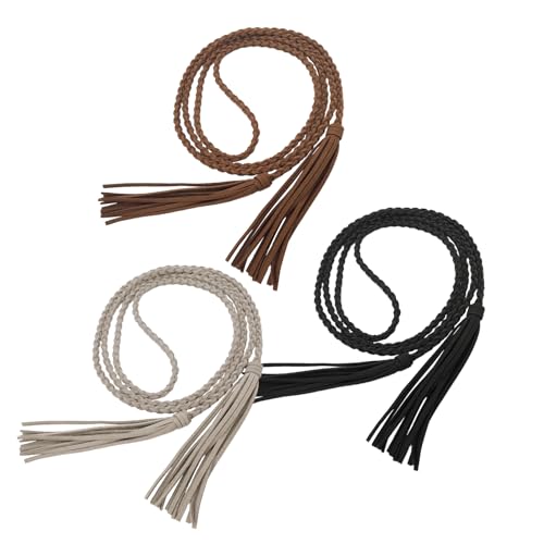 TeeYee Waist Belt Woven Knitted Rope/Chain PU leather 3 Pieces Tassel Rope Skinny Belt - color: 100blackkhakicoffee