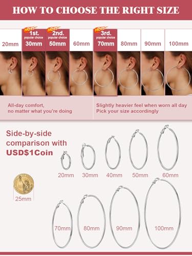 FOCALOOK 14K Gold Plated Lightweight Large Hoops| 2mm Thin Hoop Earrings for Women 30/40/50/70/100mm - color: 01.Silver, size: 60mm