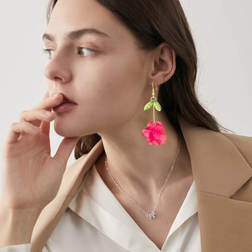 Resin Flower Cluster Ball Dangle Drop Earrings for Women Spring Summer Bohemian Floral Petal with Green Leaf Earrings Vacation Party Jewelry - color: Hot Pink