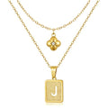 KELORIS PATH Layered Initial Necklaces for Women, 18K Gold Plated Stainless Steel Necklaces Set with Dainty Four Leaf Clover Square Cutout Letter Pendant, Fashion Jewelry for Gifts - style: J Letter