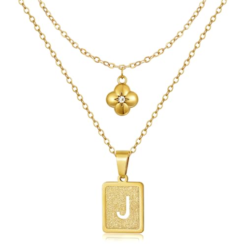 KELORIS PATH Layered Initial Necklaces for Women, 18K Gold Plated Stainless Steel Necklaces Set with Dainty Four Leaf Clover Square Cutout Letter Pendant, Fashion Jewelry for Gifts - style: J Letter