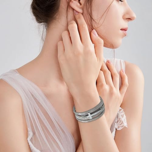 Leather Wrap Bracelets Cross Bracelets Trendy Layered Bracelet for Women Stackable Bracelet Jewelry Birthday Christmas - color: silver