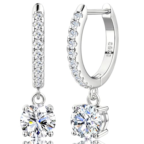 Moissanite Earrings, Sterling Silver Hoop Earring 1.0ct-2.0ct D Color Brilliant Hypoallergenic Earring for Women Men Drop Dangle Moissanite Leverback Mother's Day Gift - color: 2.0 carats(1.0ct*2)-Silver