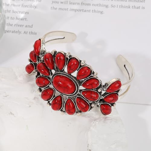Vintage Ethnic Bohemia Turquoise Flower Colorful Stone Engraved Chunky Wrap Bangle Bracelet Retro Boho Cowgirl Western Statement Wide Open Cuff Punk Jewelry for Women - color: red